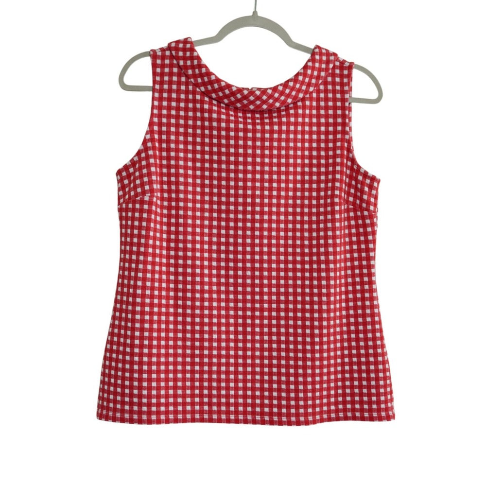 Talbots Size Medium Red Gingham Roll Neck Sleeveless Knit Top Mod Retro Feminine
